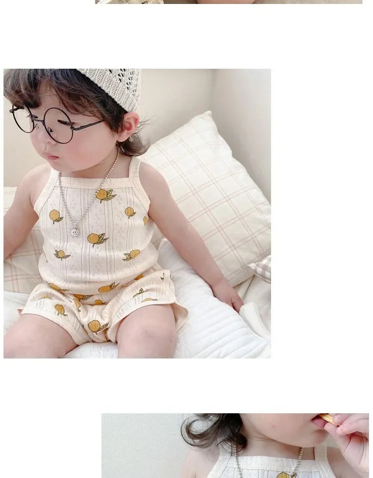 Baby Clothes Sets Summer Toddler Girl Strap Suits Cotton Printing Baby Boy Tops Tee and Shorts Infant Tracksuit Newborn Sets