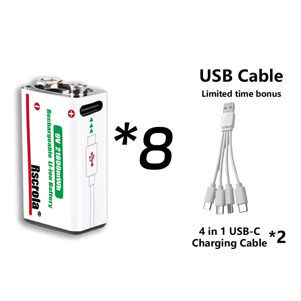 Rechargeable 9V Battery USB-C Charge,21800mWh Long-lasting 9V Li-Ion Battery with Free Cable,for Smoke Alarm,Camera,Clocks,Audio