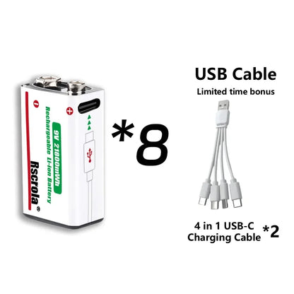 Rechargeable 9V Battery USB-C Charge,21800mWh Long-lasting 9V Li-Ion Battery with Free Cable,for Smoke Alarm,Camera,Clocks,Audio
