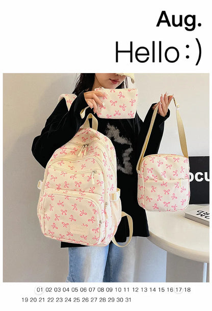 3 Pcs/Set Cute girl Large Capacity Backpack Bow Print Nylon Schoolbag Adjustable Strap Women daily Campus Backpack