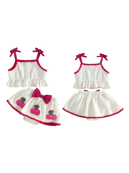 Sweet Baby Girl Summer Outfit Contrast Trim Ruffled Hem Cami Tops Cherry Applique Bow Skorts 2 Piece Girls Set