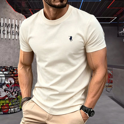 100% pure cotton 2026 high-end brand men's short sleeved round neck top summer fashion luxury pony embroidery top sports T-shirt