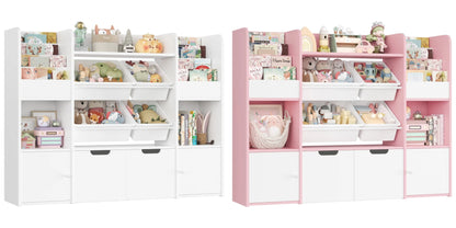 Getone Toy Storage Unit Children's Bookshelf Kid's Room Furniture Bookcase with 4 Boxing 2 boxing rolls 13 shelves 126x30x104cm