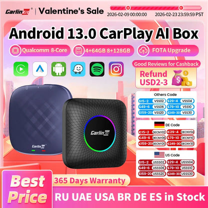 CarlinKit CarPlay Ai Box Android 13 Plus QCM6125 8-core Wireless Android Auto& CarPlay Car USB Adapter FOTA Upgrade For Netflix