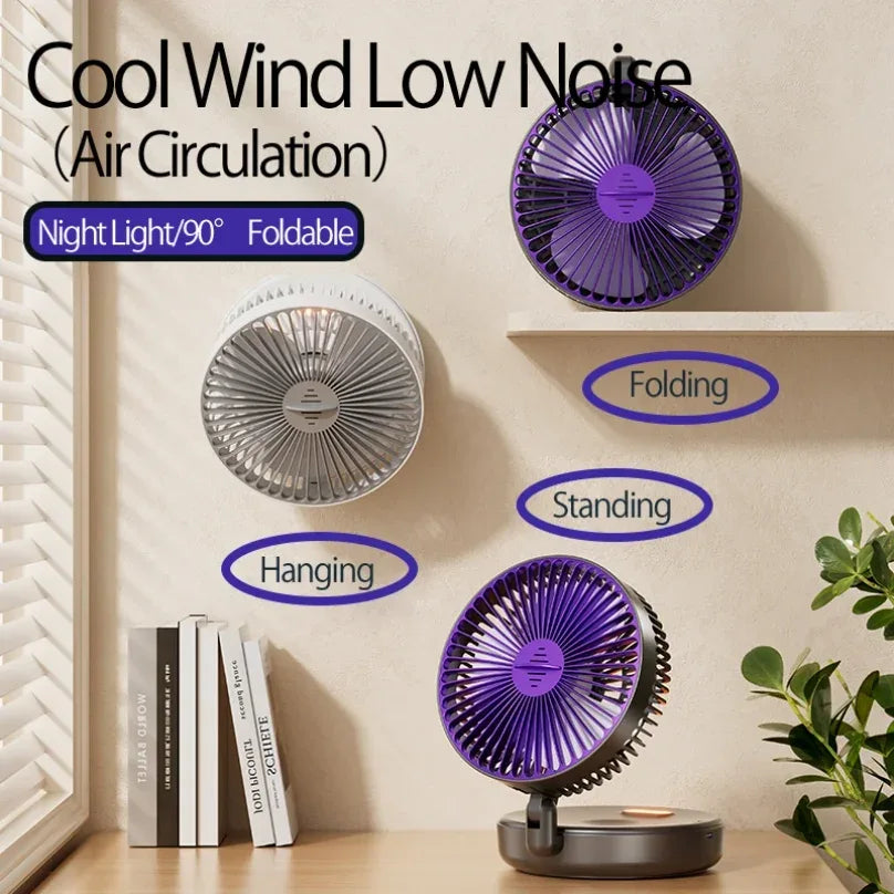 New 5000mAh Rechargeable 3IN1 Multifunctional Portable Fan Wall Mounted Fan 90° Folding Fan 4 Gears With Warm Night Light