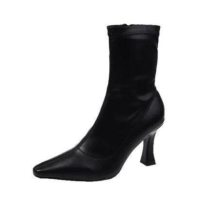 Women High Heel Short Leather Boots  New Boots Female Pointed Thin Heel Boots Ladies Ankle Short Boots Botas De Mujer 2024