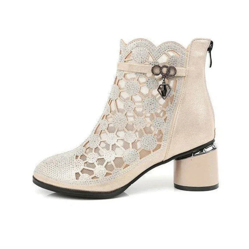 2025 Spring Summer Fashion Rhinestones Gauze Sandals Thick Heels Mesh Autumn Ankle Boots Female Hollow Women's Shoes