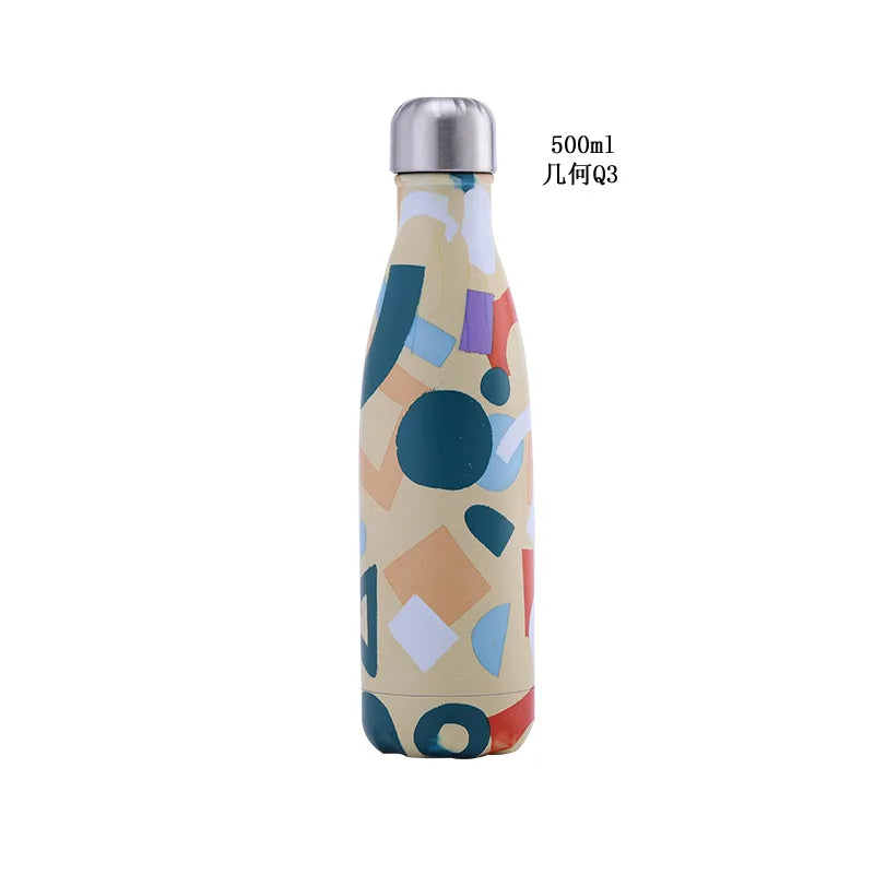 500ml Cola Shape Insulated Bottle, 304 Stainless Steel Vacuum Flask, Marble/Print Portable Water Bottle