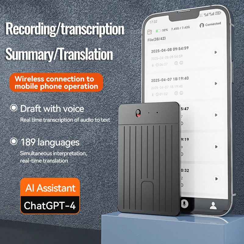 New8-128GB AI ChatGPT-4 Intelligent Voice Recorder Audio App Phone Call Record Transcribe Summarize 58LanguageTranslation Device