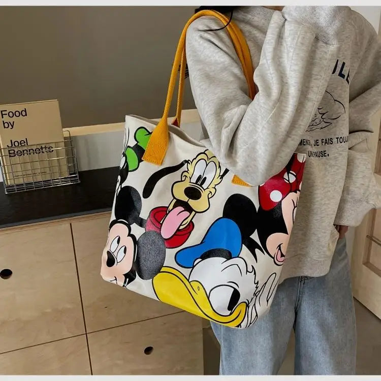 Cartoon Mickey Tote Bag Canvas Bag with Goofy Pattern Shoulder Bag Fashion Travel Large Capacity Canvas Bag Women Shopping Use