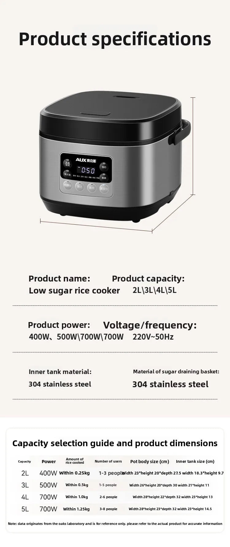 Low sugar rice cooker rice soup separation steaming 2-3L uncoated stainless steel rice cooker timer reservation