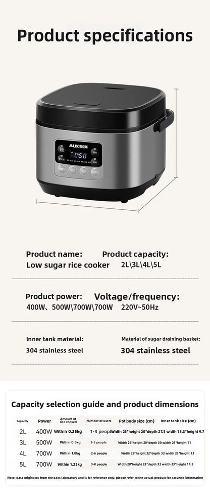 Low sugar rice cooker rice soup separation steaming 2-3L uncoated stainless steel rice cooker timer reservation