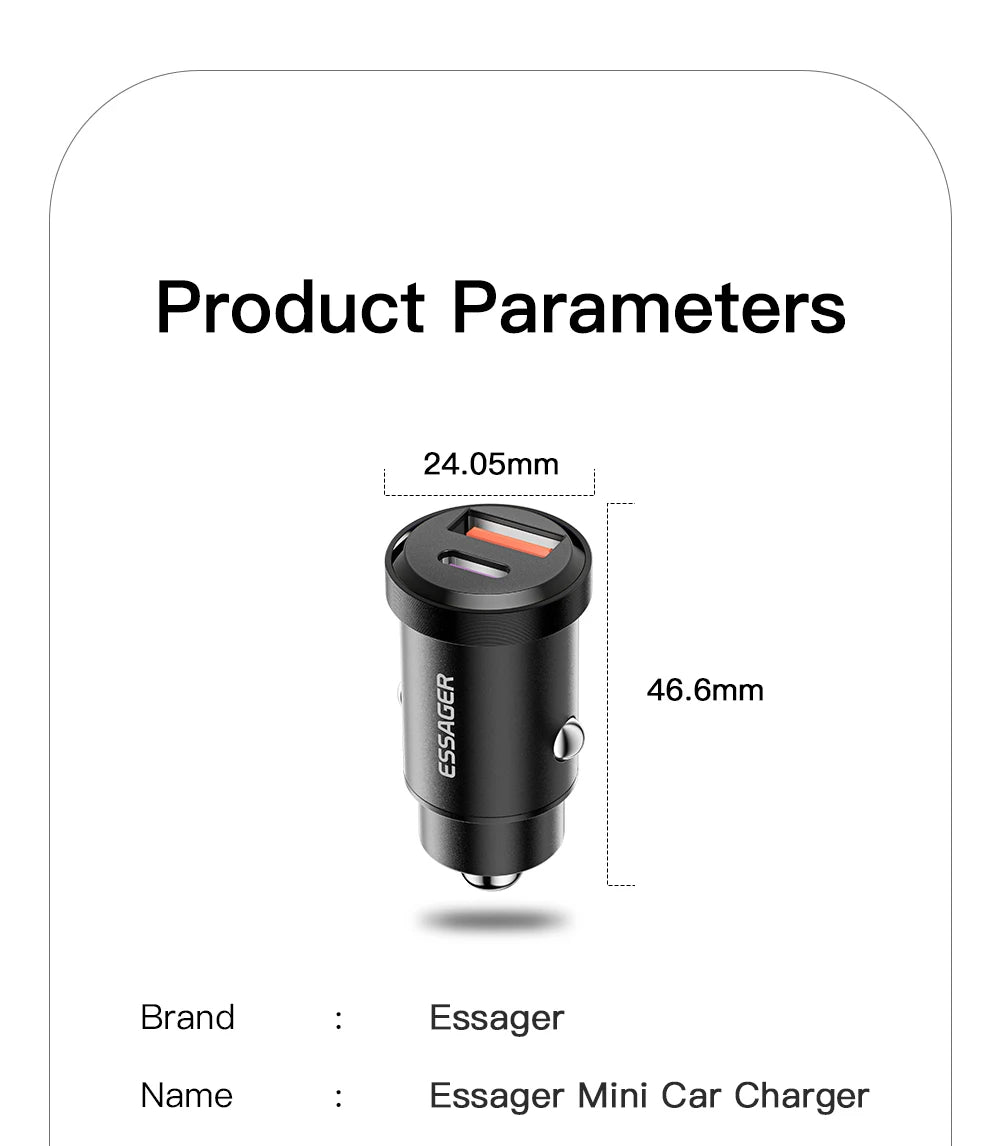 Essager USB Car Charger Quick Charge 4.0 QC4.0 PD3.0 SCP 5A Type C 30W Fast Car USB Charger For iPhone 13 12 Xiaomi Mobile Phone