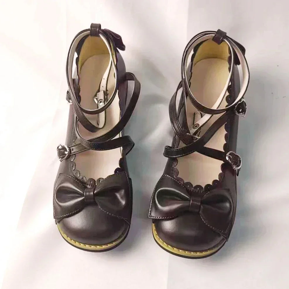 Lolita Shoes Women Flats Low Round With Cross Straps Bow Cute Girls Princess Tea Party Shoes Students Lovely Shoes Size 34-41