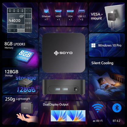 SOYO Mini PC Y5 Intel i3 4th Gen4030U 8GB RAM 128GB ROM Windows 10 WiFi BT4.2 Desktop Computer Multi-screen output