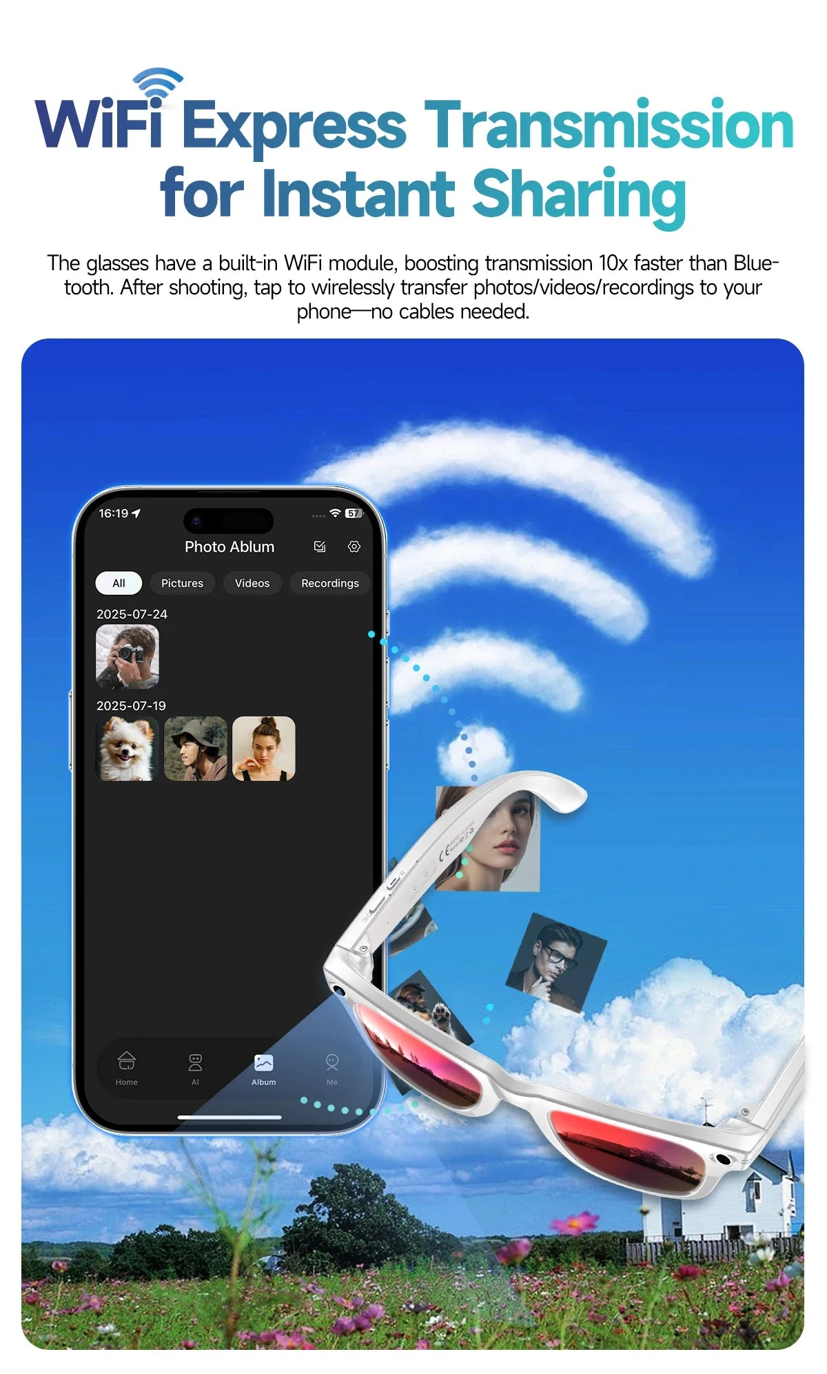 Lunettes de soleil intelligentes 2025 avec intelligence artificielle, caméra vidéo 8 MP, traduction, appels Bluetooth, lecture de musique, enregistrement vidéo (plus de 100 vidéos) pour hommes et femmes.