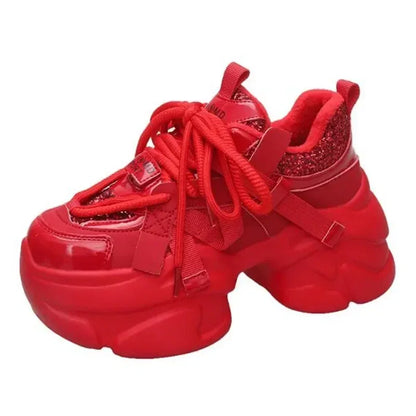 8CM Women Bling Red Chunky Sneakers Winter High Platform Warm Fur Shoes Ladies Wedges Casual Dad Shoes Leather Sports Sneakers