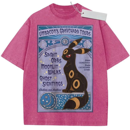 T Shirt Sports T Shirt Short Sleeve T Shirt Black Unisex Pure Cotton Washed Vintage Pokemon Anime Espeon Print