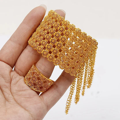 Women's Gold-Plated Hollow Metal Cuff Bangle Alloy Jewelry Set Pearl Ring for Weddings Engagements Personalities' Gift