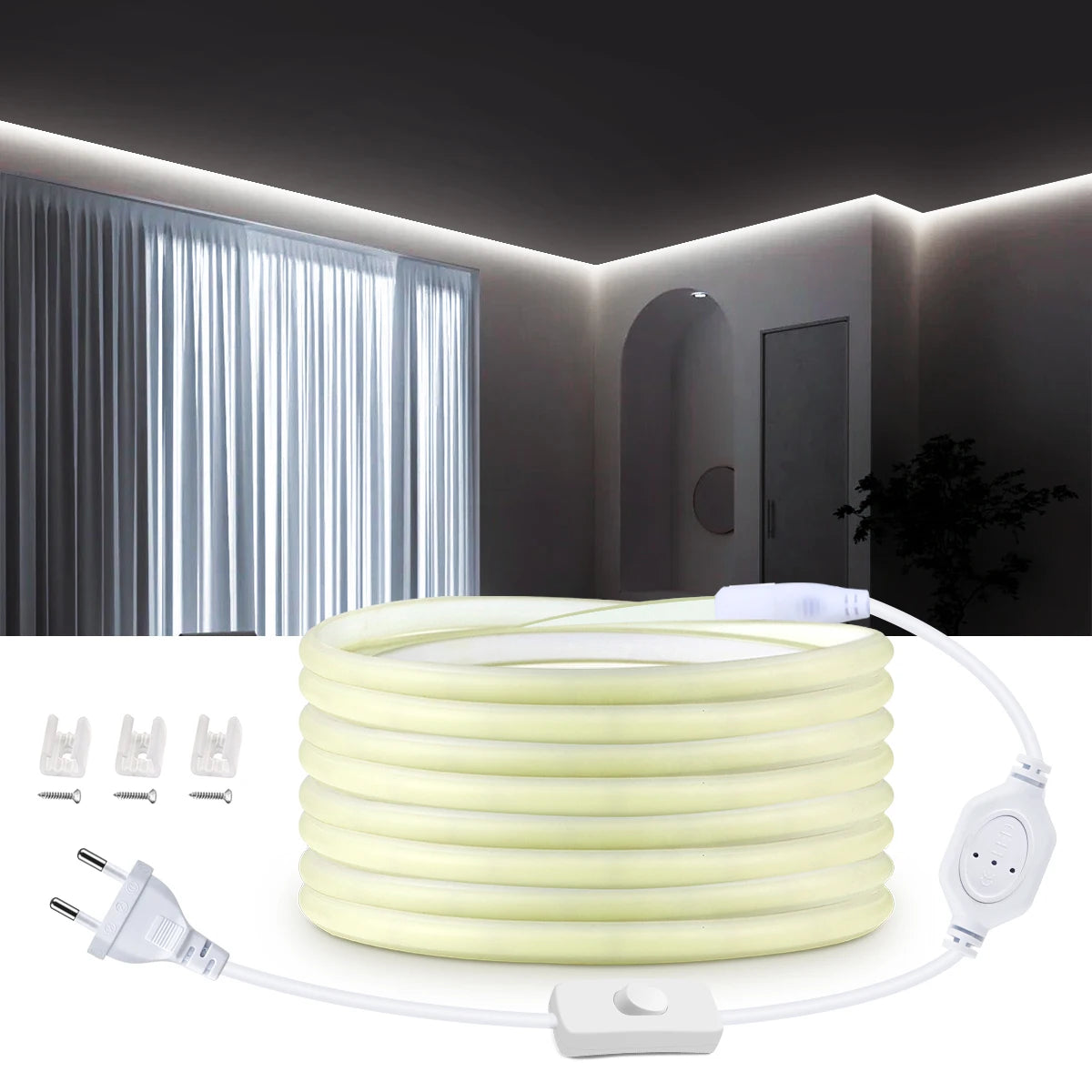 220V Super Bright COB LED Strip with Switch FOB Tape Ribbon European Standard Plug White Light Neon Lamp For Room Outdoor Garden