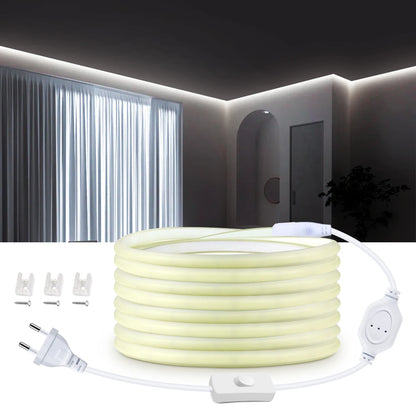 220V Super Bright COB LED Strip with Switch FOB Tape Ribbon European Standard Plug White Light Neon Lamp For Room Outdoor Garden