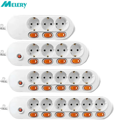 Melery Power Strip Surge Protection EU Plug Way Outlets Electrical Extension 16A Socket Independent Control Switches Schuko Cord
