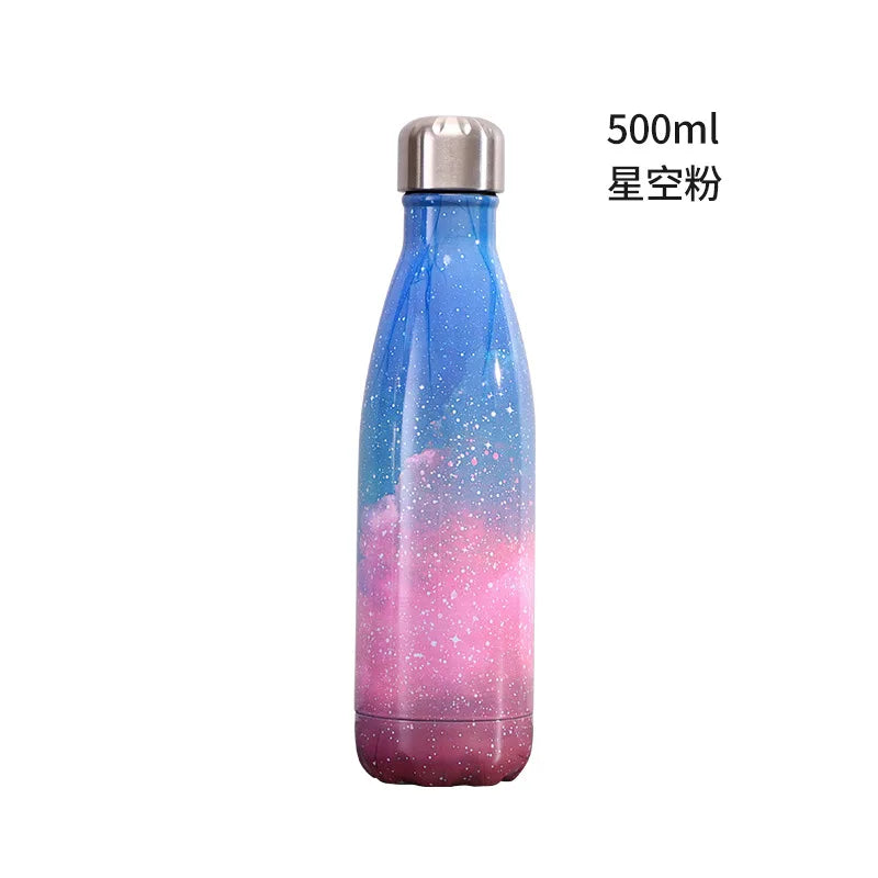 500ml Cola Shape Insulated Bottle, 304 Stainless Steel Vacuum Flask, Marble/Print Portable Water Bottle