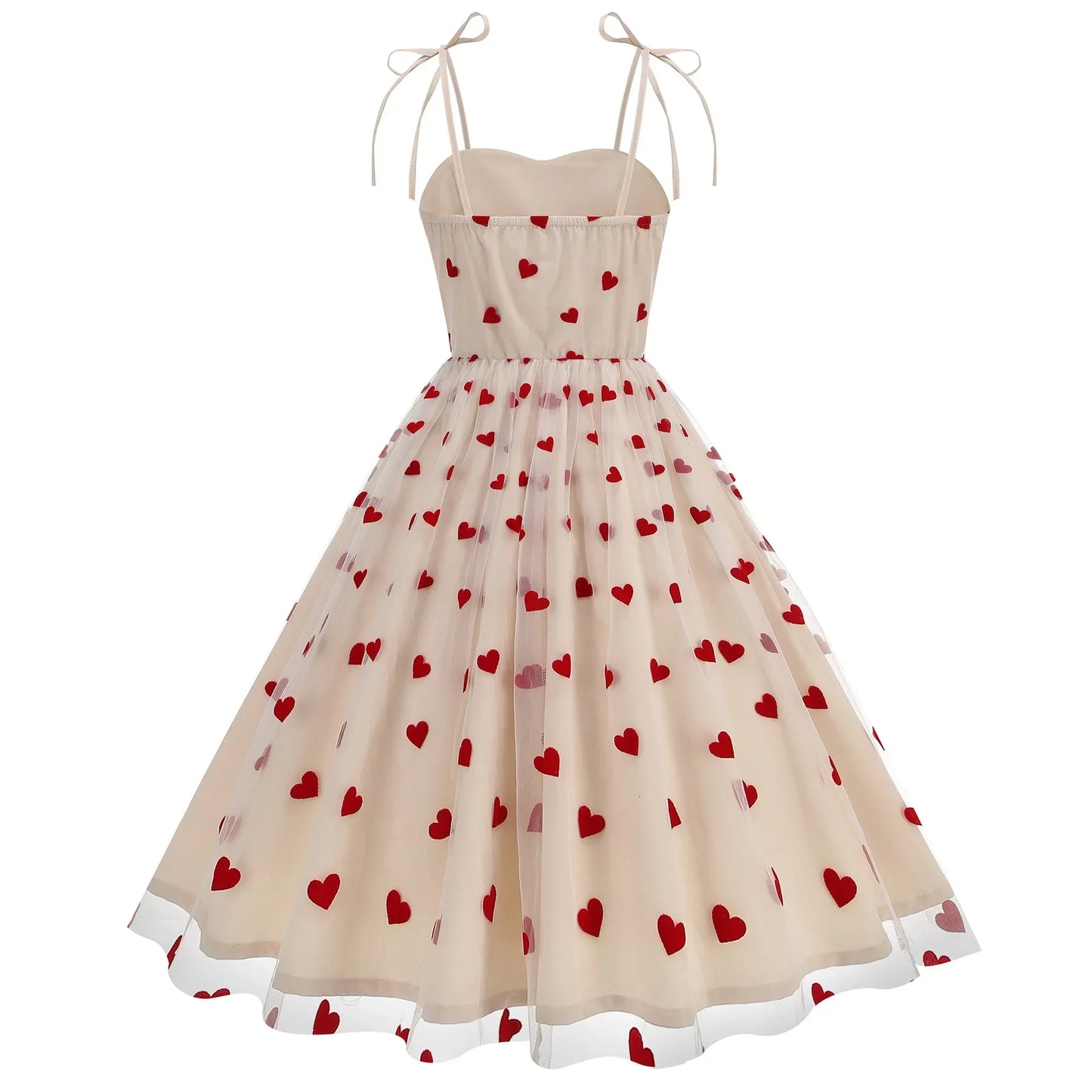 Knot Strap Strawberry Patchwork Vintage Dress 2025 Heart Flocking Valentine's Day Dress Women Birthday Party Pleated Mesh Dress