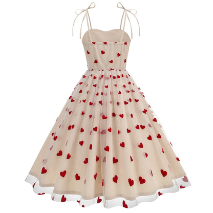 Knot Strap Strawberry Patchwork Vintage Dress 2025 Heart Flocking Valentine's Day Dress Women Birthday Party Pleated Mesh Dress