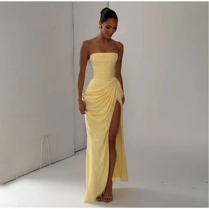 Butter Yellow Mesh Splicing Long Dress Elegant Strapless Split Backless Pleated Gowns For Women 2026 Lady Evening Party Gowns