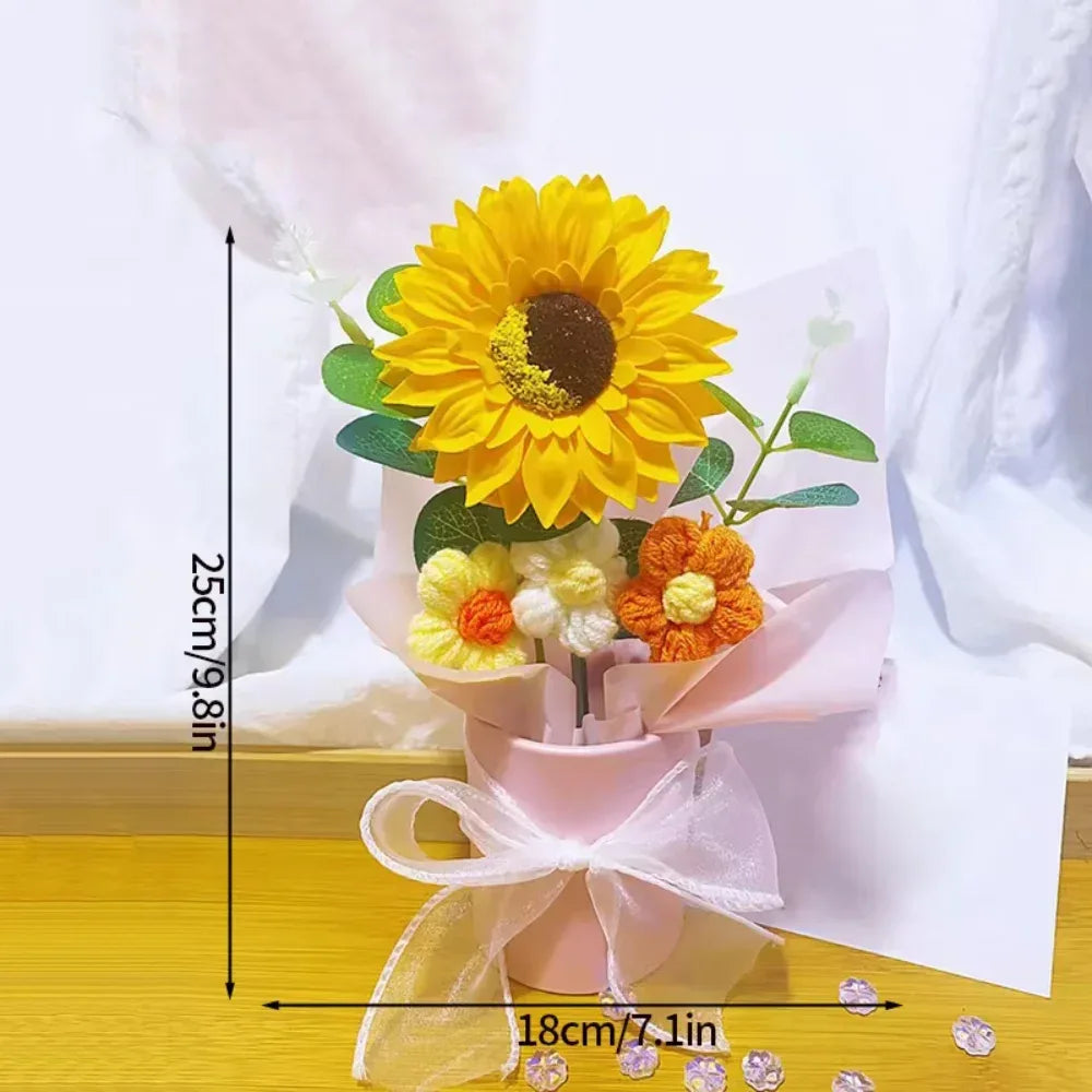 DTCTK Knitted Flower Bouquet Crochet Rose Flowers Hugging Bucket Christmas Gifts Living Room Desk Decoration Valentine's Day Gif