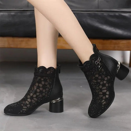 2025 Spring Summer Fashion Rhinestones Gauze Sandals Thick Heels Mesh Autumn Ankle Boots Female Hollow Women's Shoes