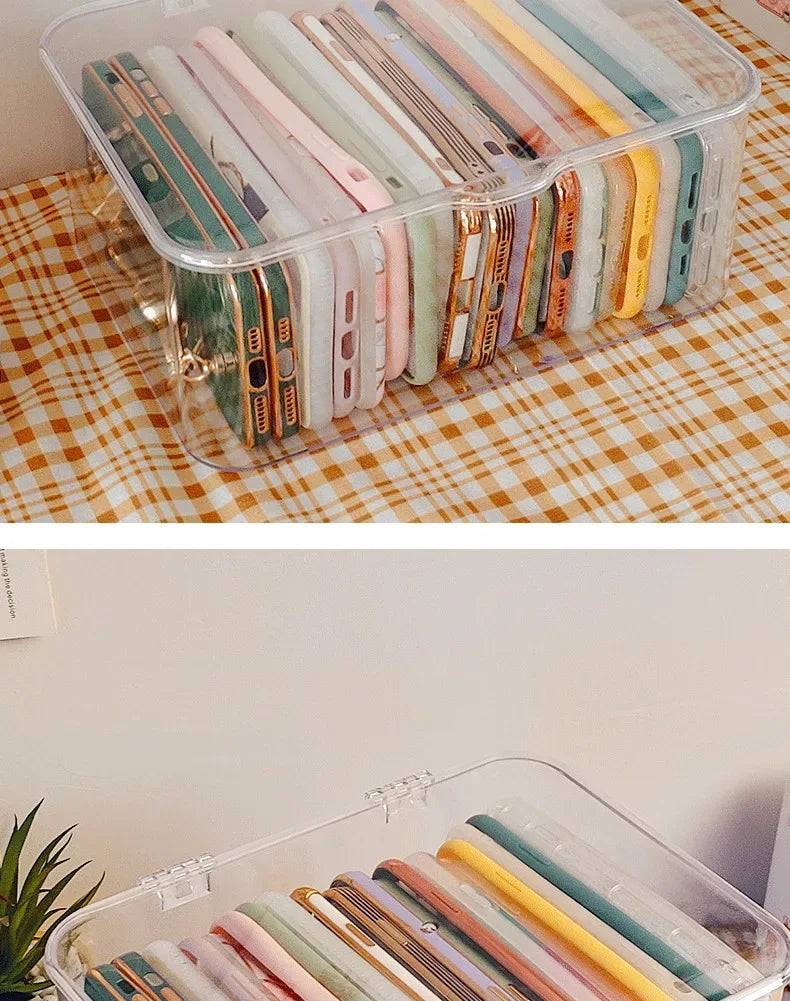 Ins Transparent Phone Case Organizer Storage Box with Cover Home Desktop Acrylic Sundries Storage Basket Phone Case Holder