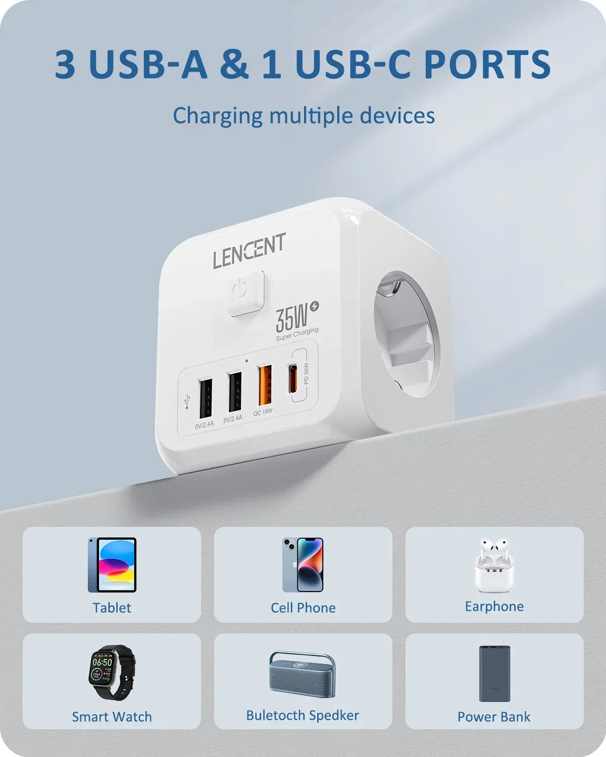 LENCENT Multi USB Wall Socket Cube with 3AC Outlets USB-A and Type C 7-in-1 Power Strip EU Plug Socket On/Off Switch for Home