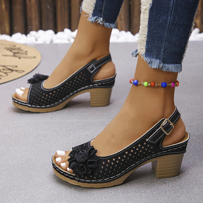 Women's Chunky Heel Sandals Summer 2026 Fashion Flower Hollow Beach Shoes Lightweight High Heeled Casual Sandals for Women