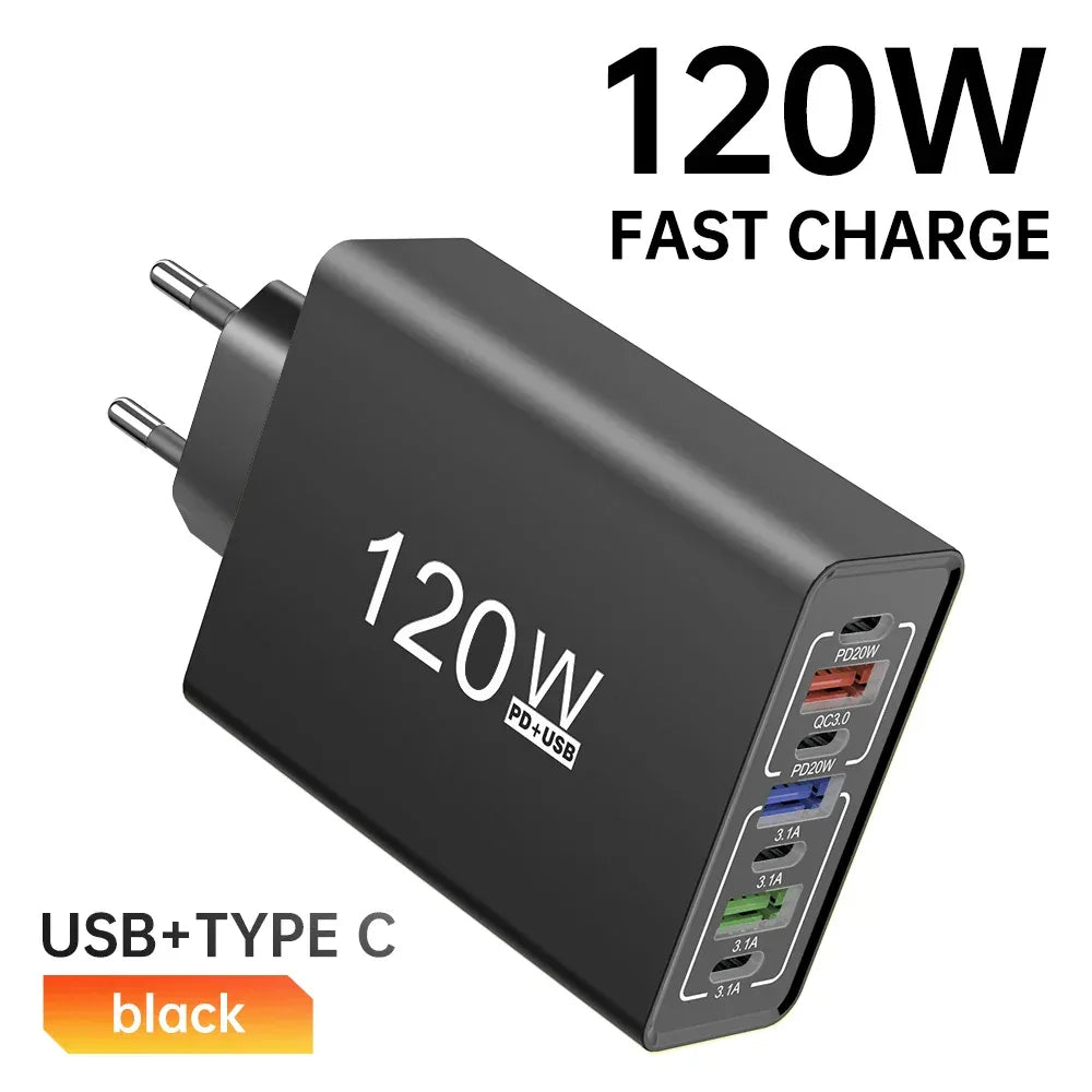 PD 120W USB Type C Fast Charging Mobile Phone Charger 7 Ports EU/US Plug Charger For iPhone Huawei Xiaomi Samsung Wall Charger
