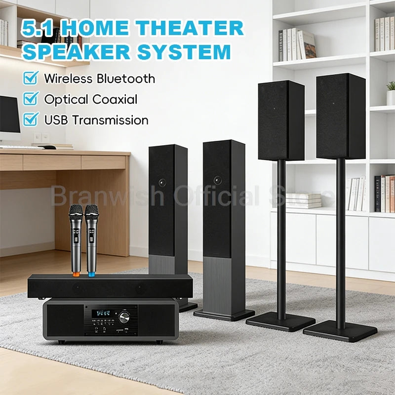 5.1 Channel Home Theater System 200W Peak Power Subwoofer Bluetooth 5.0 Wireless Microphone Wall Mount Speakers For Home KTV