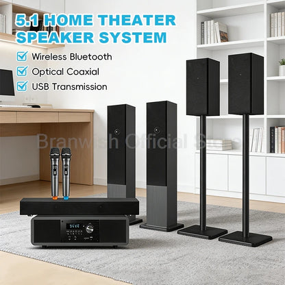 5.1 Channel Home Theater System 200W Peak Power Subwoofer Bluetooth 5.0 Wireless Microphone Wall Mount Speakers For Home KTV