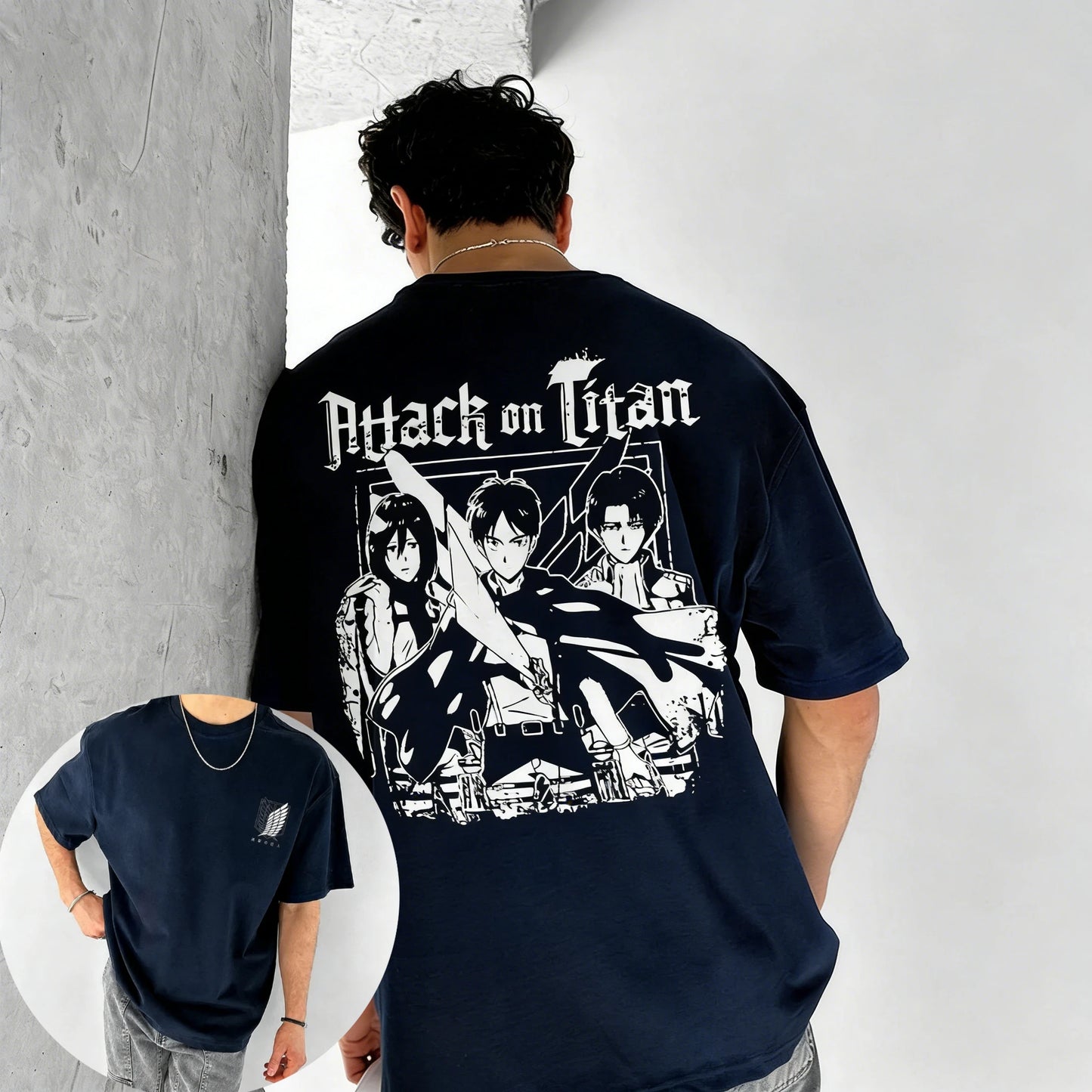 Men's T Shirt Men's Sports T Shirt Men's Short Sleeve T Shirt Attack on Titan Three Warriors with Weapons Dark Background Back