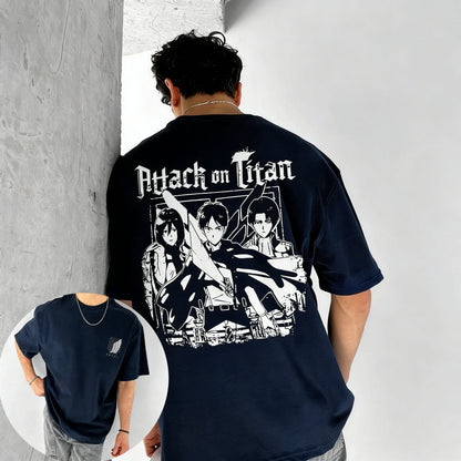 Men's T Shirt Men's Sports T Shirt Men's Short Sleeve T Shirt Attack on Titan Three Warriors with Weapons Dark Background Back