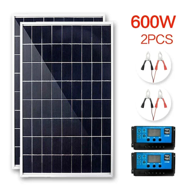 300W/600W Solar Panel 12V Photovoltaic Power Bank Kit 100A Controller Solar Plate for Home/Camping/RV/Car Fast Battery Charger