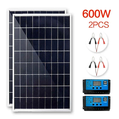 300W/600W Solar Panel 12V Photovoltaic Power Bank Kit 100A Controller Solar Plate for Home/Camping/RV/Car Fast Battery Charger