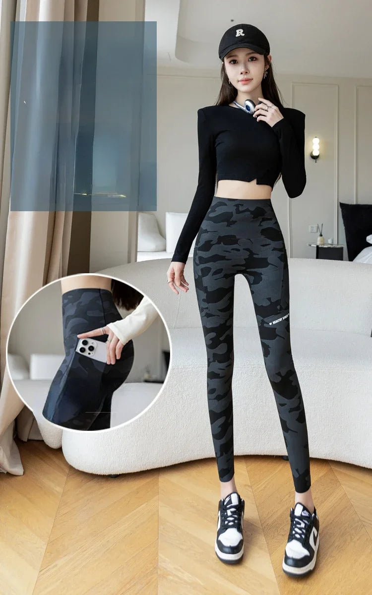 Women Camo Shark Pants High Waist Pocket Leggings Big Size Stretchy Casual Pants Fashion Skinny Yoga Fitness Pants