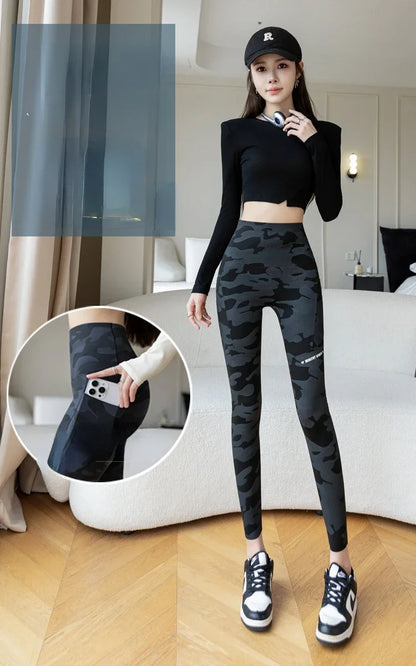 Women Camo Shark Pants High Waist Pocket Leggings Big Size Stretchy Casual Pants Fashion Skinny Yoga Fitness Pants
