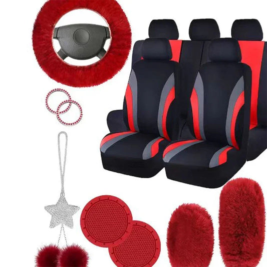 17Pcs Striped Design Universal Car Seat Cover Set Including Front Seat Cover Handbrake Shift Coverfluffy Steering Wheel Cover by PDG ibma