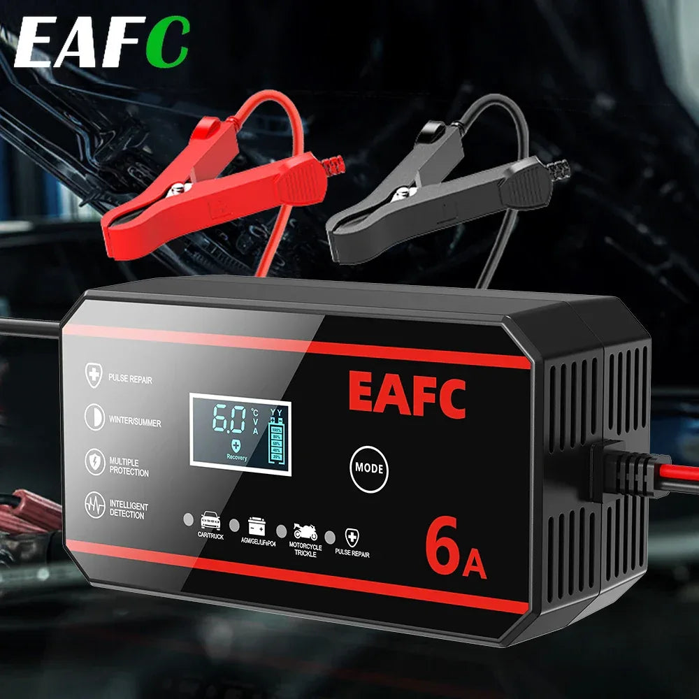 EAFC Fully Automatic 12V 6A Smart Car Battery Charger Pulse Repair LCD Display for Auto Moto AGM GEL WET Lead Acid LiFePO4