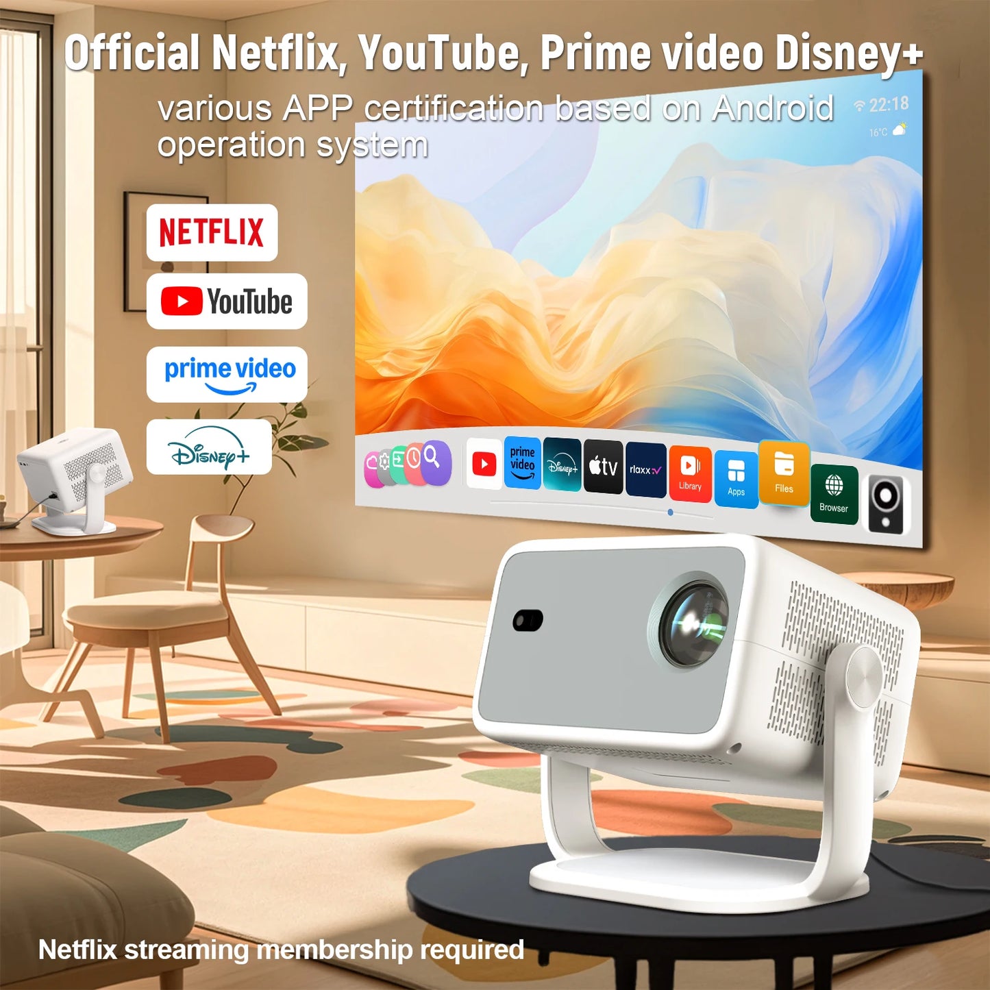 Velec Projector Compatible with Netflix 650ANSI Android 13 Portable 4K Native Wifi6 BT5.2 1080P TP350 Auto Keystone Correction