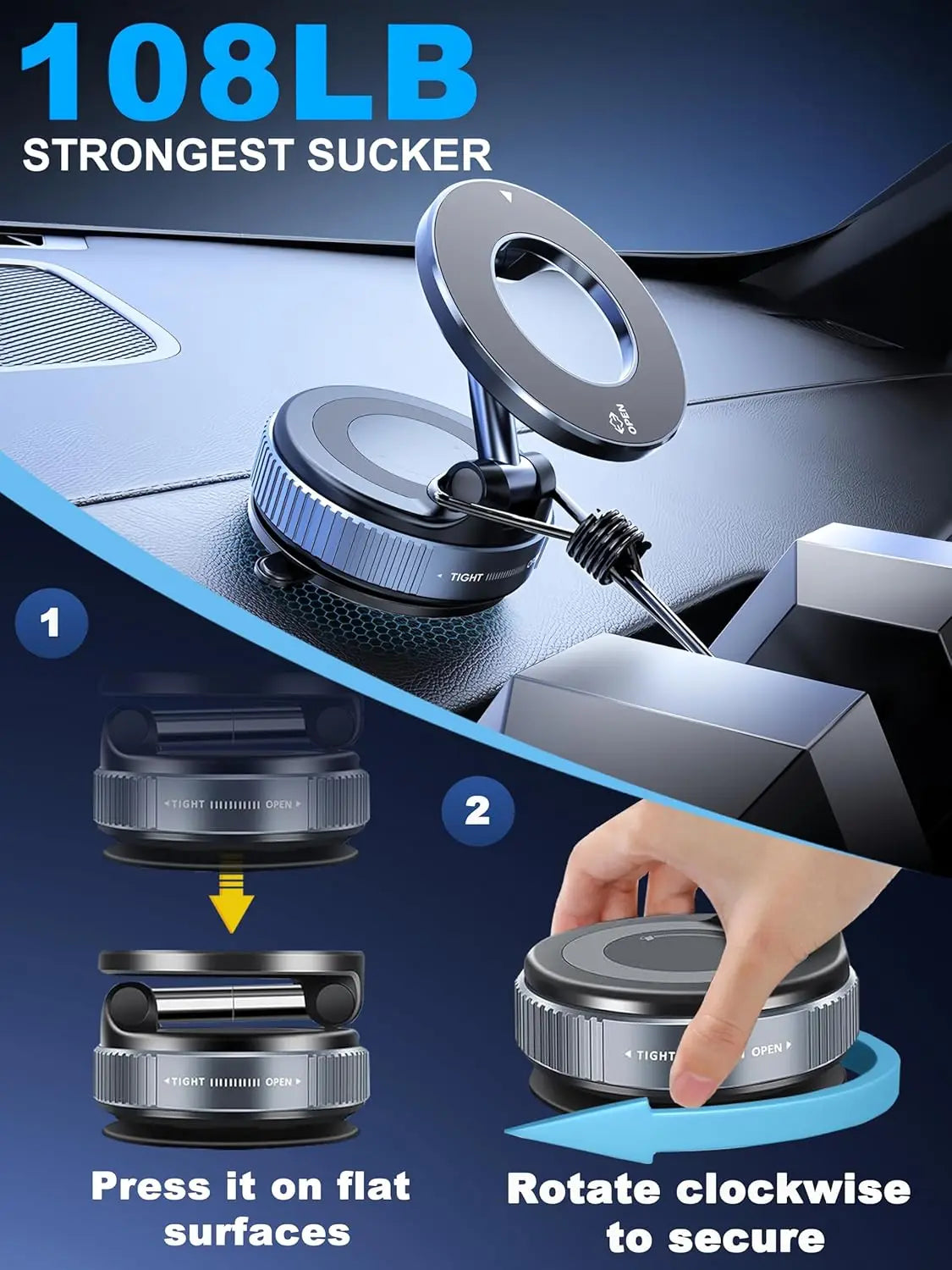 Strong Magnetic Vacuum Car Phone Holder Foldable 360° Adjustable Universal Mount for Car Dashboard Desk Bathroom & More ﻿
