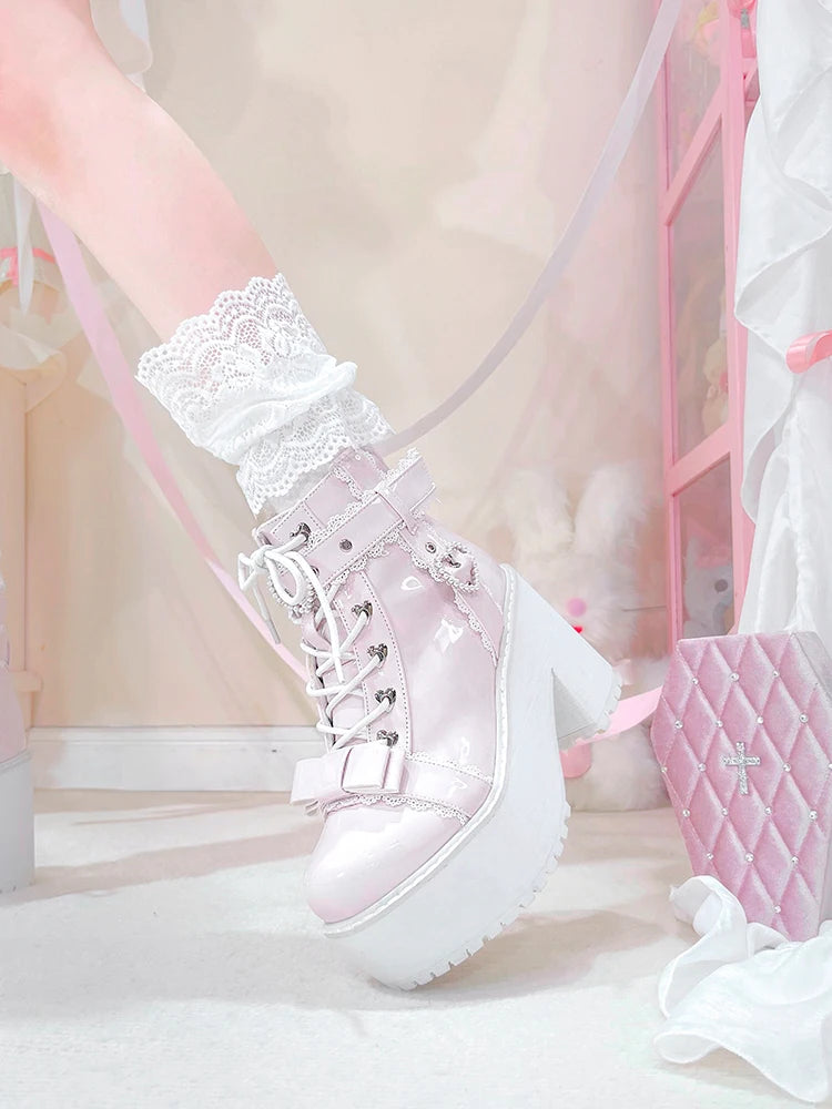 Japanese Mine Lolita Short Boots for Women Mass Production Love Rhinestone Buckle Bow Round Head Platform Boots Sweet Shoes
