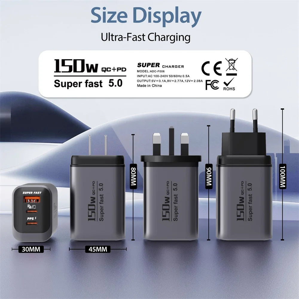150W Fast Charger 3 Ports USB C PD3.0 QC3.0 Super Fast Wall Adapter for iPhone 17 16 Pro Samsung S24 Xiaomi 15 Huawei EU UK US